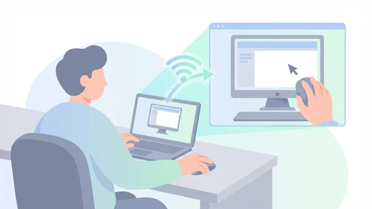 Personne utilisant un logiciel contrôle à distance pour accéder à un autre ordinateur depuis un laptop