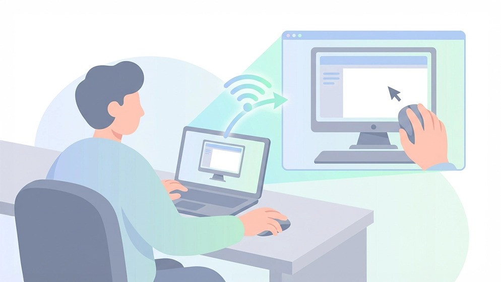 Personne utilisant un logiciel contrôle à distance pour accéder à un autre ordinateur depuis un laptop