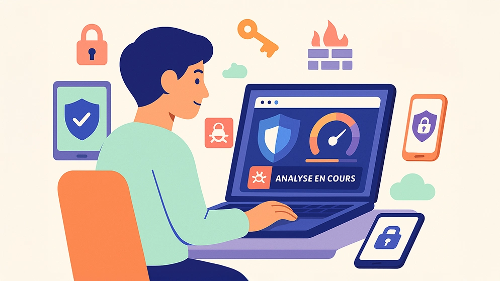 Illustration d’un utilisateur analysant son ordinateur avec un antivirus gratuit