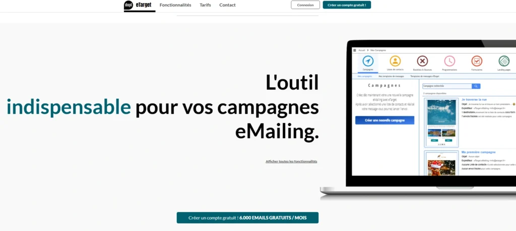 Page d’accueil d’eTarget présentant l’outil d’emailing et un aperçu du tableau de bord.
