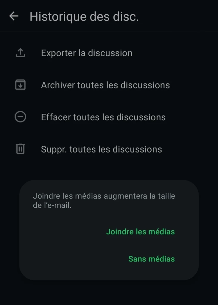 Menu WhatsApp sur Android montrant l'option " Exporter la discussion " avec ou sans médias
