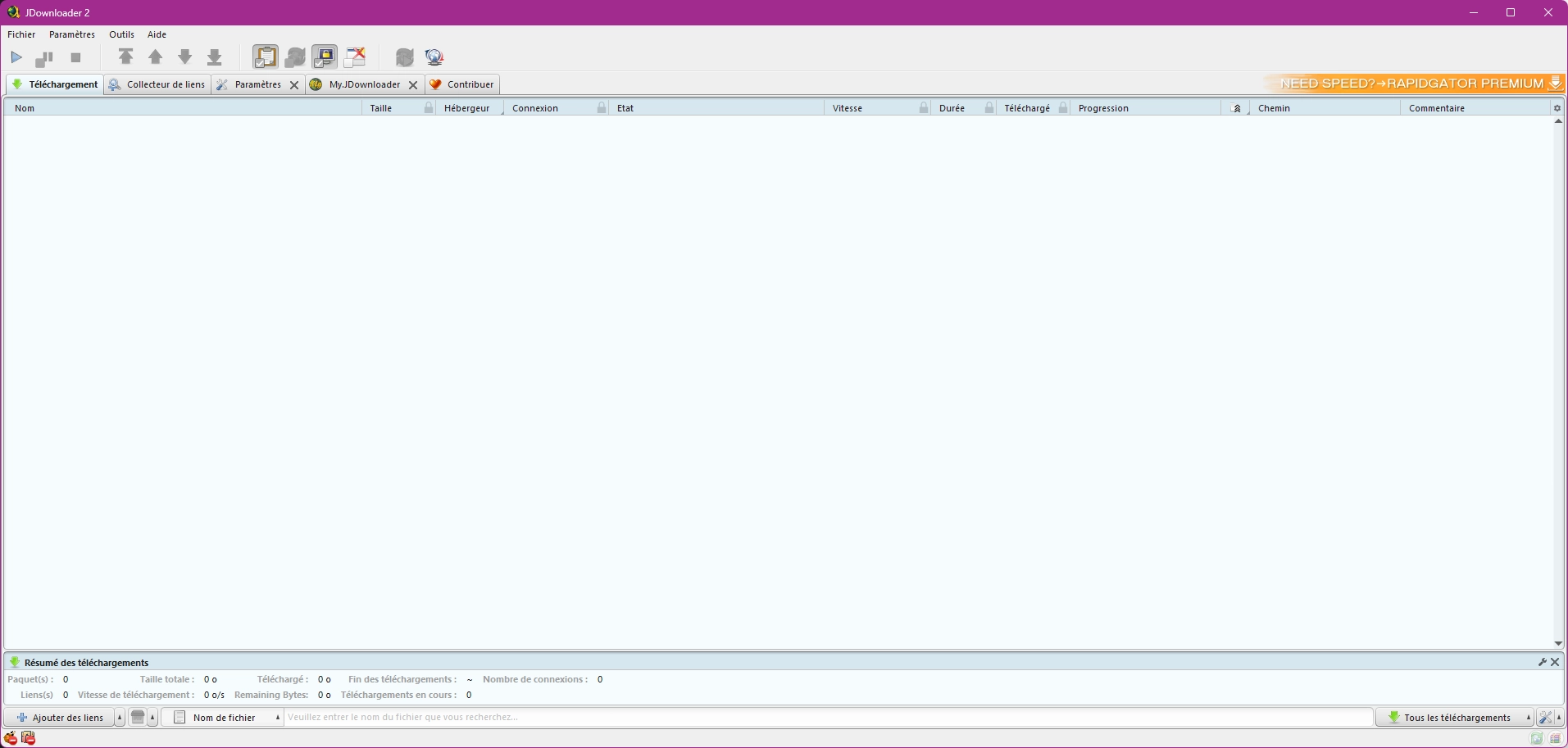 Interface du logiciel JDownloader pour la gestion des téléchargements