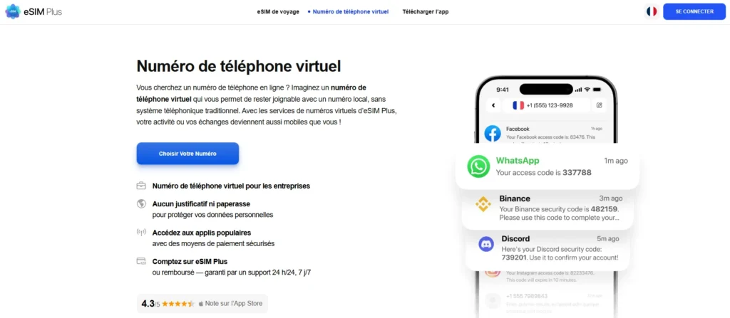 Numéro de téléphone virtuel eSIM Plus pour recevoir des SMS de vérification WhatsApp et sécuriser ses comptes