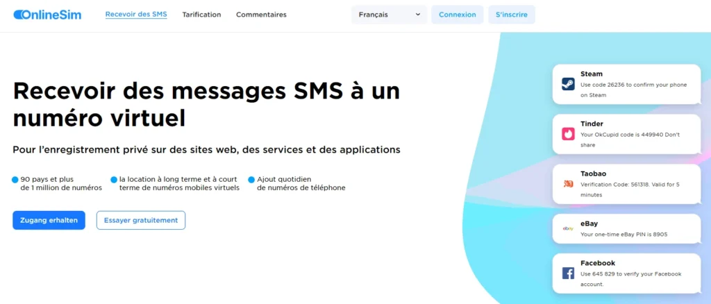 Numéro virtuel gratuit OnlineSim pour recevoir des SMS de vérification sans inscription rapidement