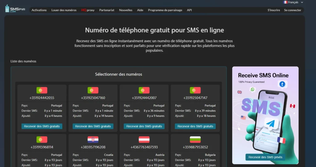 Numéro virtuel gratuit SMSPVA pour recevoir des SMS en ligne sans inscription avec vraies cartes SIM