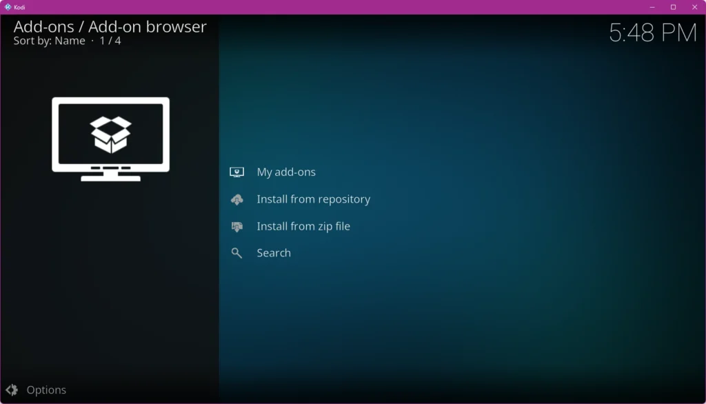 Menu d'installation des add-ons dans Kodi