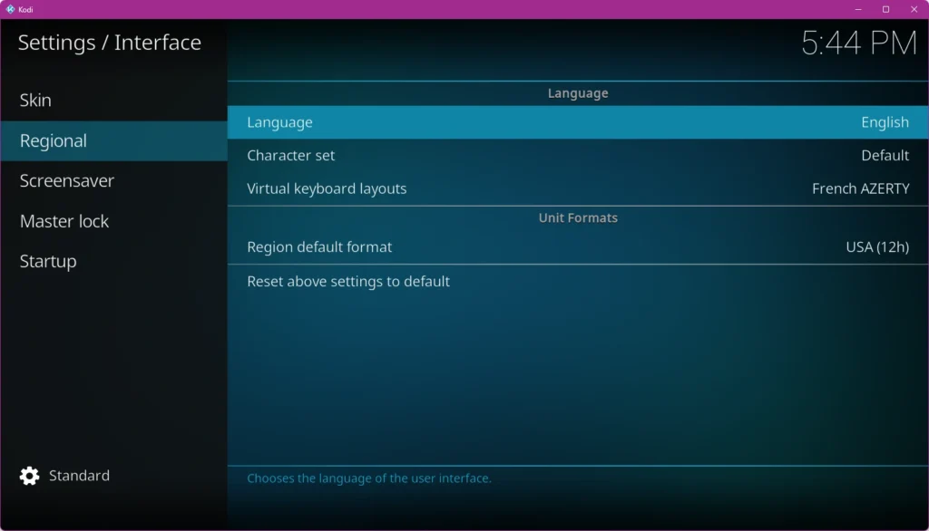 Écran de sélection de la langue dans les paramètres de Kodi