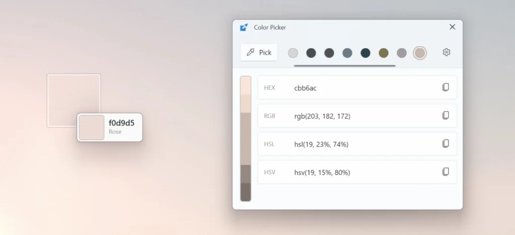Interface du Color Picker de PowerToys affichant une sélection de couleurs avec codes HEX et RGB