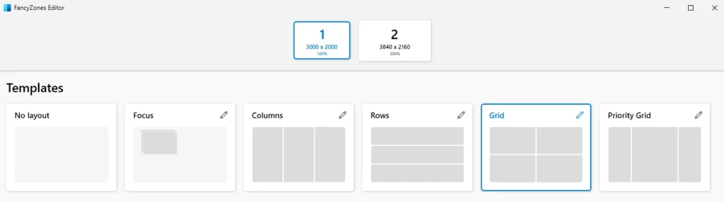 Interface de configuration de FancyZones dans PowerToys, avec un aperçu des modèles de disposition de fenêtres
