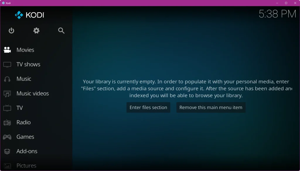 Interface d'accueil du logiciel multimédia Kodi