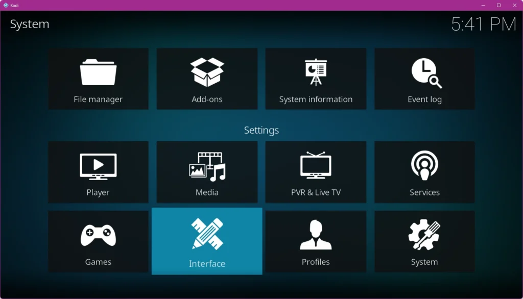 Menu des paramètres du logiciel Kodi affiché sur l'écran