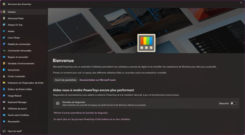 Interface principale de Microsoft PowerToys affichant les différents utilitaires disponibles