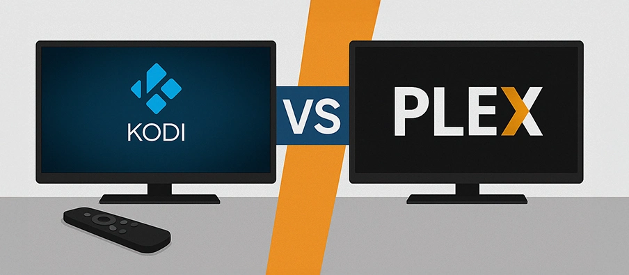 Comparaison entre Kodi et Plex affichée sur deux écrans face à face