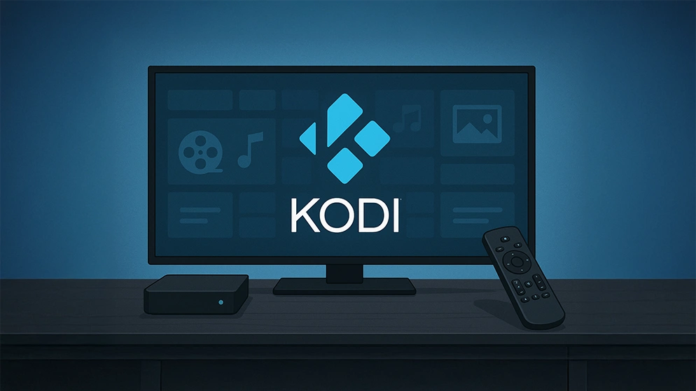 Interface Kodi affichée sur un écran de télévision avec une télécommande