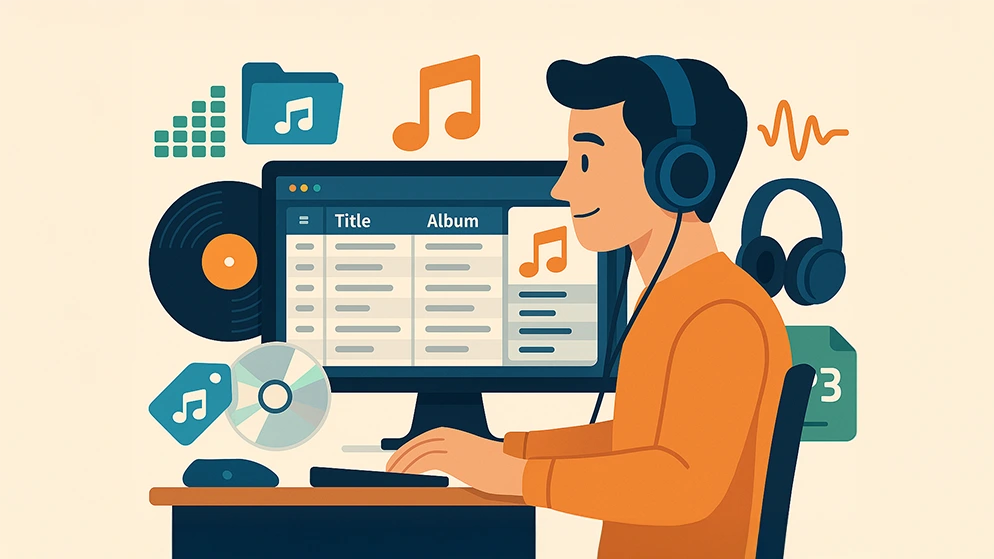 Illustration représentant un utilisateur modifiant les tags de fichiers audio avec le logiciel Mp3tag