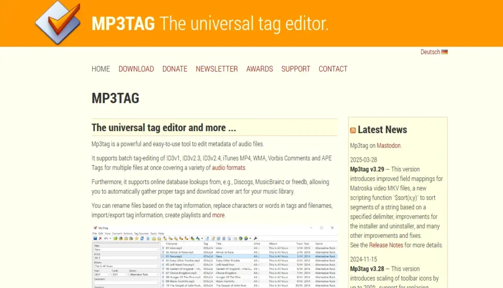 Interface du site officiel de Mp3tag pour télécharger le logiciel de modification de tags audio