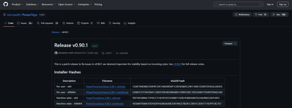 Capture de la page GitHub officielle de Microsoft PowerToys avec la liste des releases disponibles