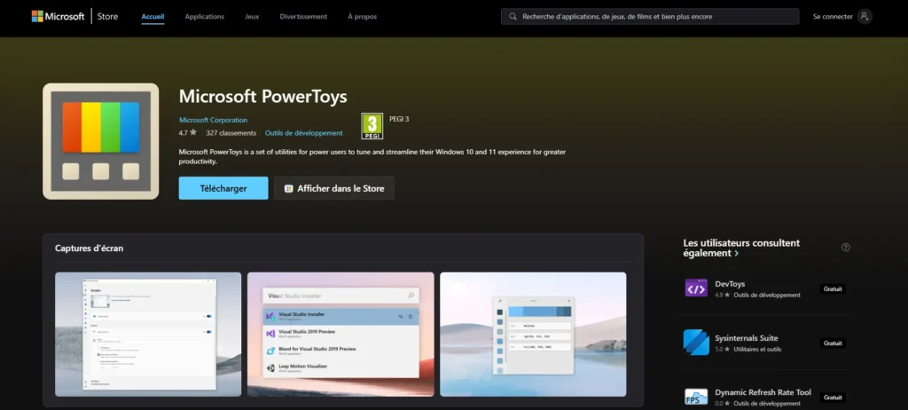 Capture d’écran de PowerToys sur le Microsoft Store, montrant l’interface de téléchargement de l’application.