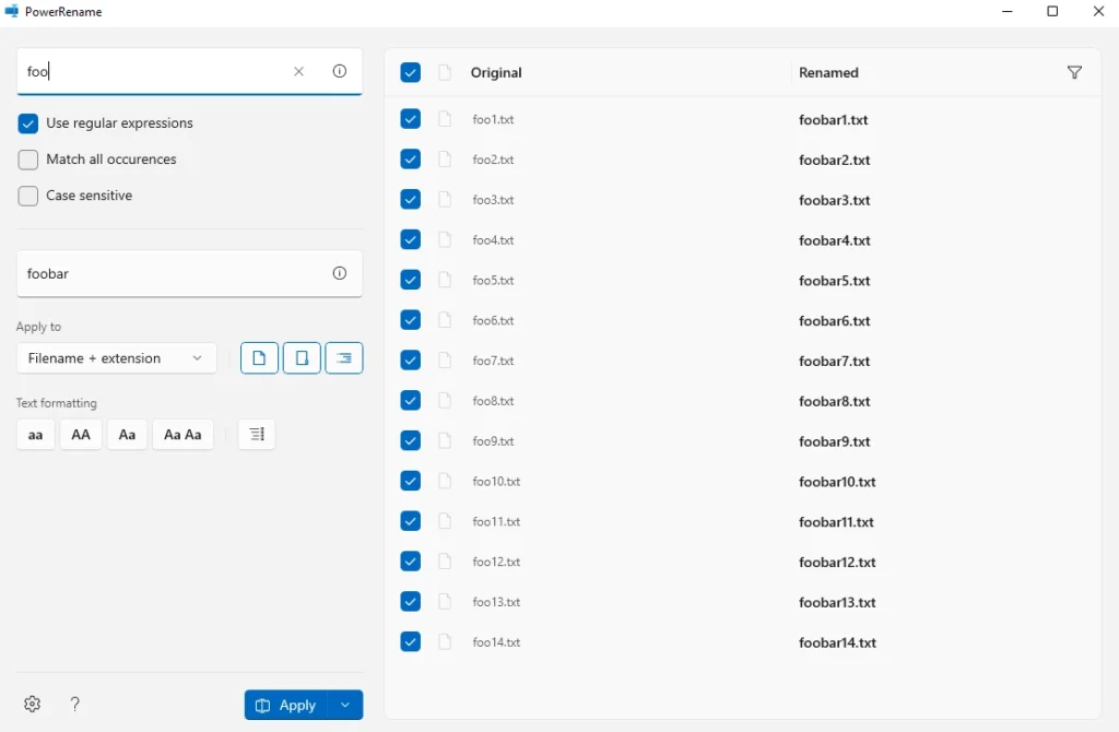Interface de PowerRename dans PowerToys affichant un aperçu du renommage en masse de plusieurs fichiers