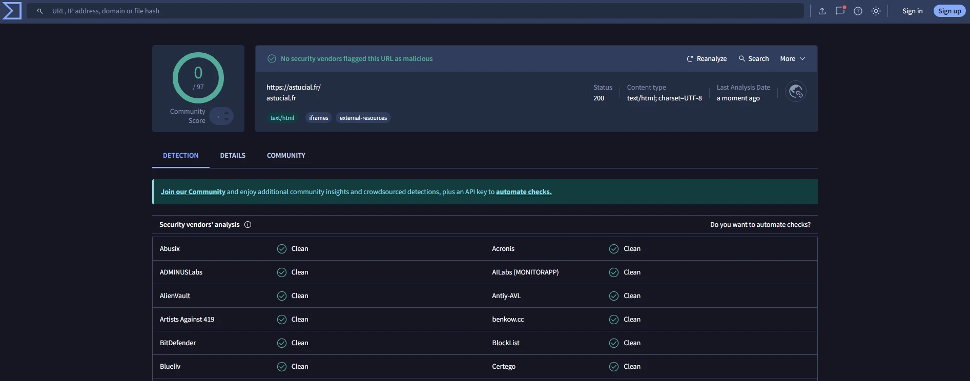 Capture d’écran de l’analyse d’une URL sur VirusTotal avec détection de menaces.