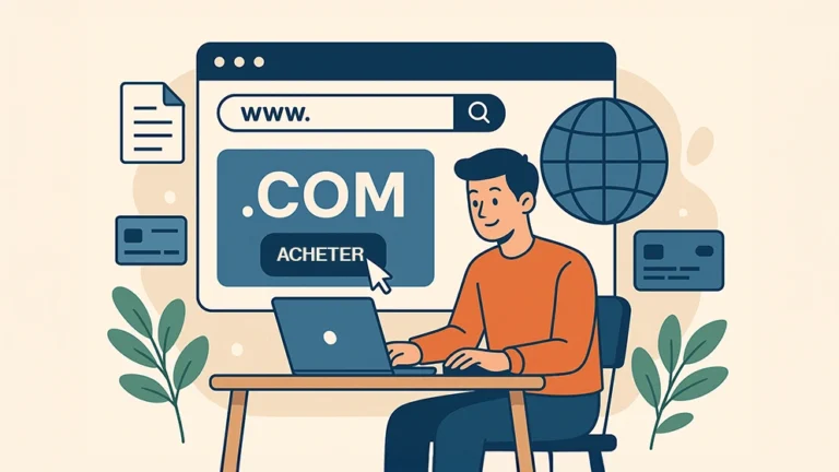 Illustration montrant l'achat d’un nom de domaine en ligne, avec une extension .com visible à l’écran