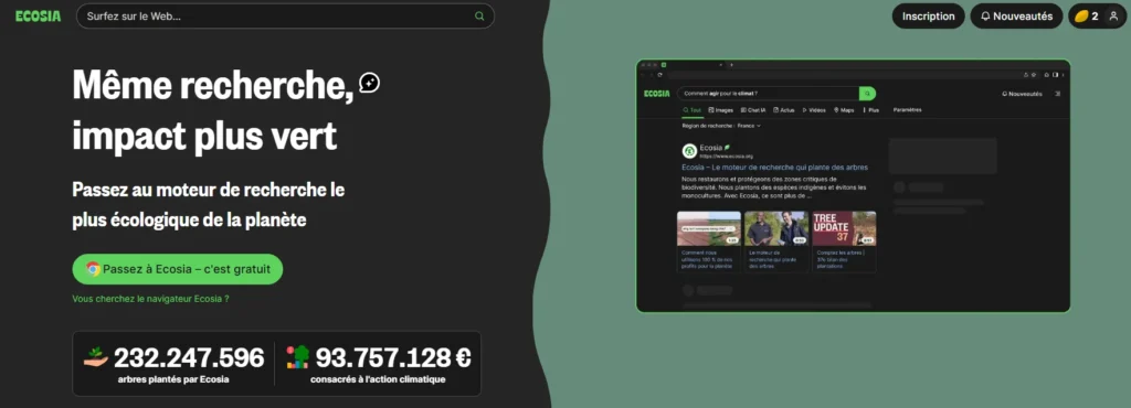 Page d’accueil du moteur de recherche Ecosia qui plante des arbres avec ses revenus publicitaires