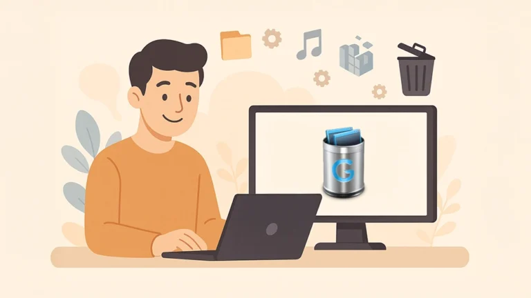 Illustration d’un homme utilisant un ordinateur avec un logiciel de désinstallation affiché à l’écran