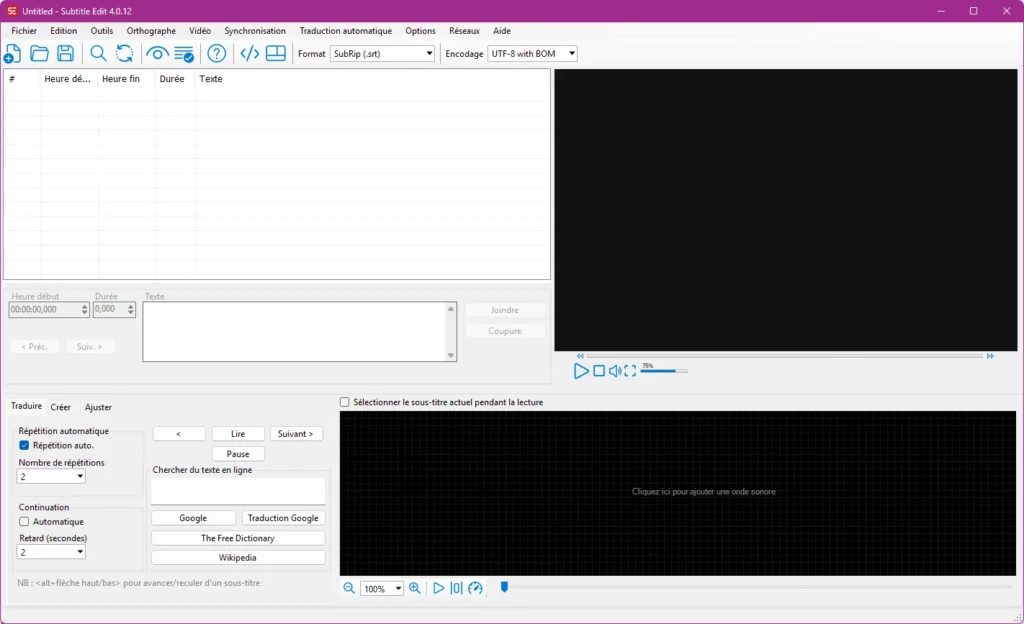 Interface du logiciel Subtitle Edit pour modifier des sous-titres vidéo