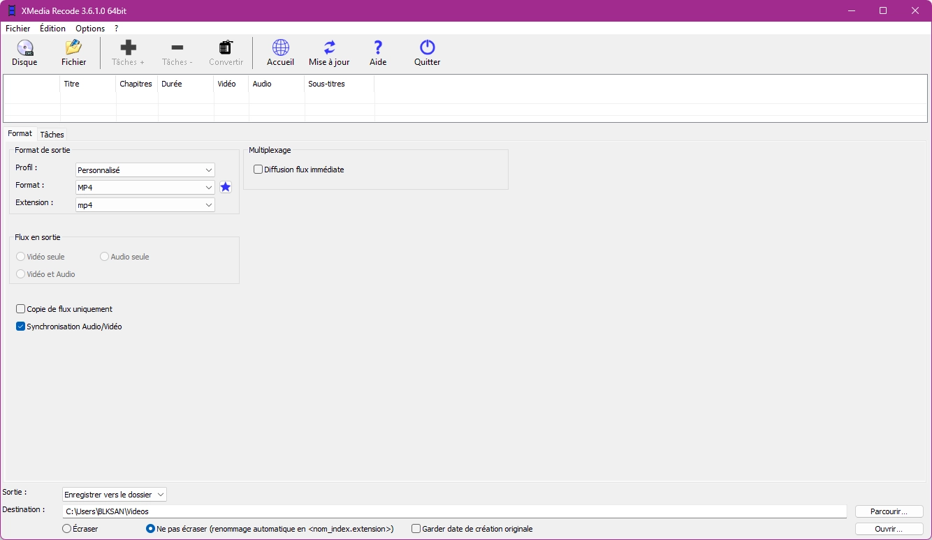 Interface principale de XMedia Recode sur Windows