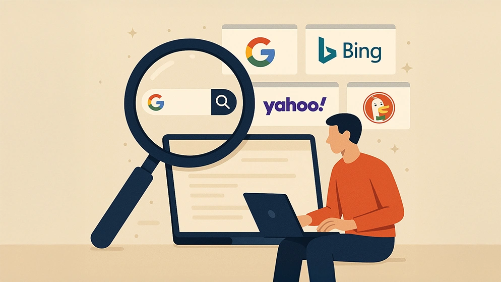Illustration représentant différents moteurs de recherche comme Google, Bing et Yahoo