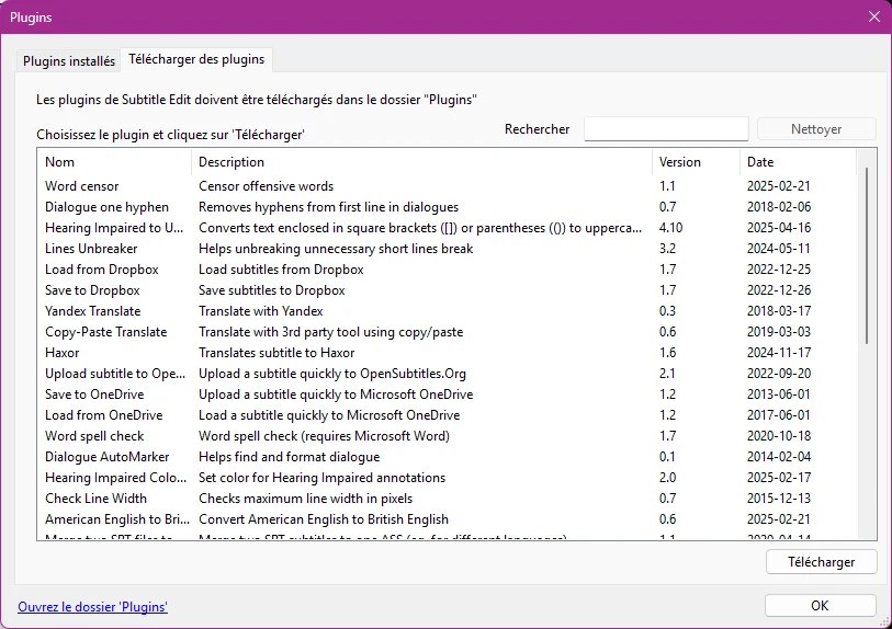 Liste des plugins disponibles dans Subtitle Edit avec options d’installation intégrées
