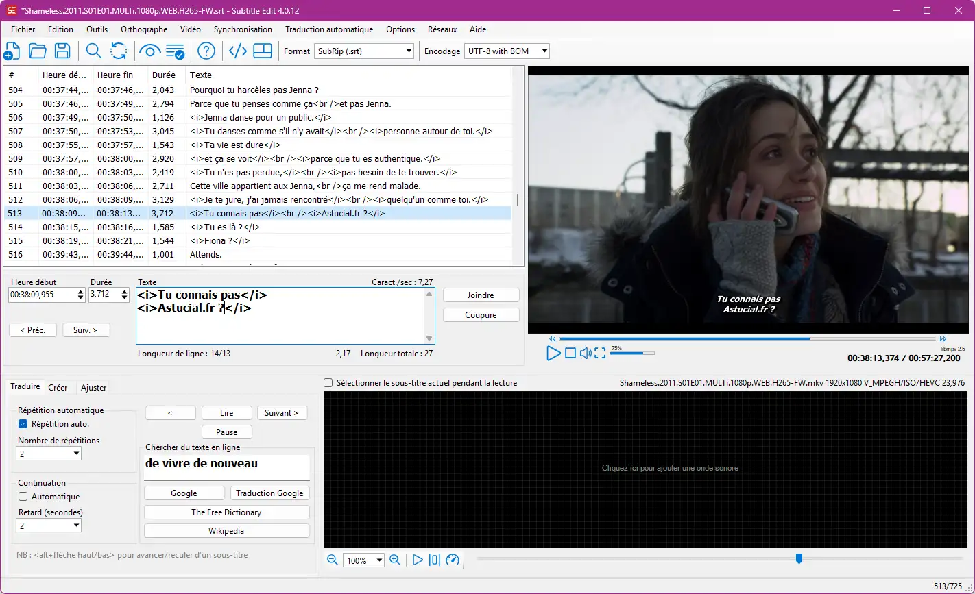 Prévisualisation d’une vidéo avec sous-titres dans Subtitle Edit