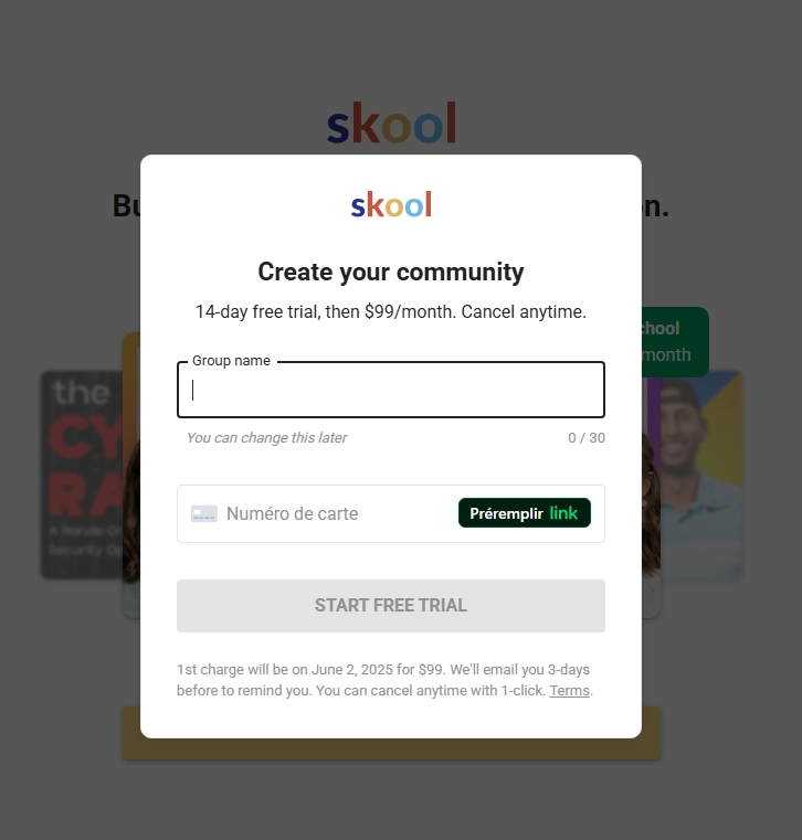 Tarif mensuel affiché sur la page d’abonnement Skool à 99 dollars
