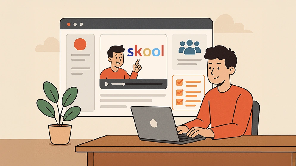 Illustration d’un formateur devant son ordinateur utilisant la plateforme Skool
