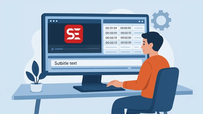 Illustration d’un utilisateur modifiant des sous-titres avec Subtitle Edit sur ordinateur