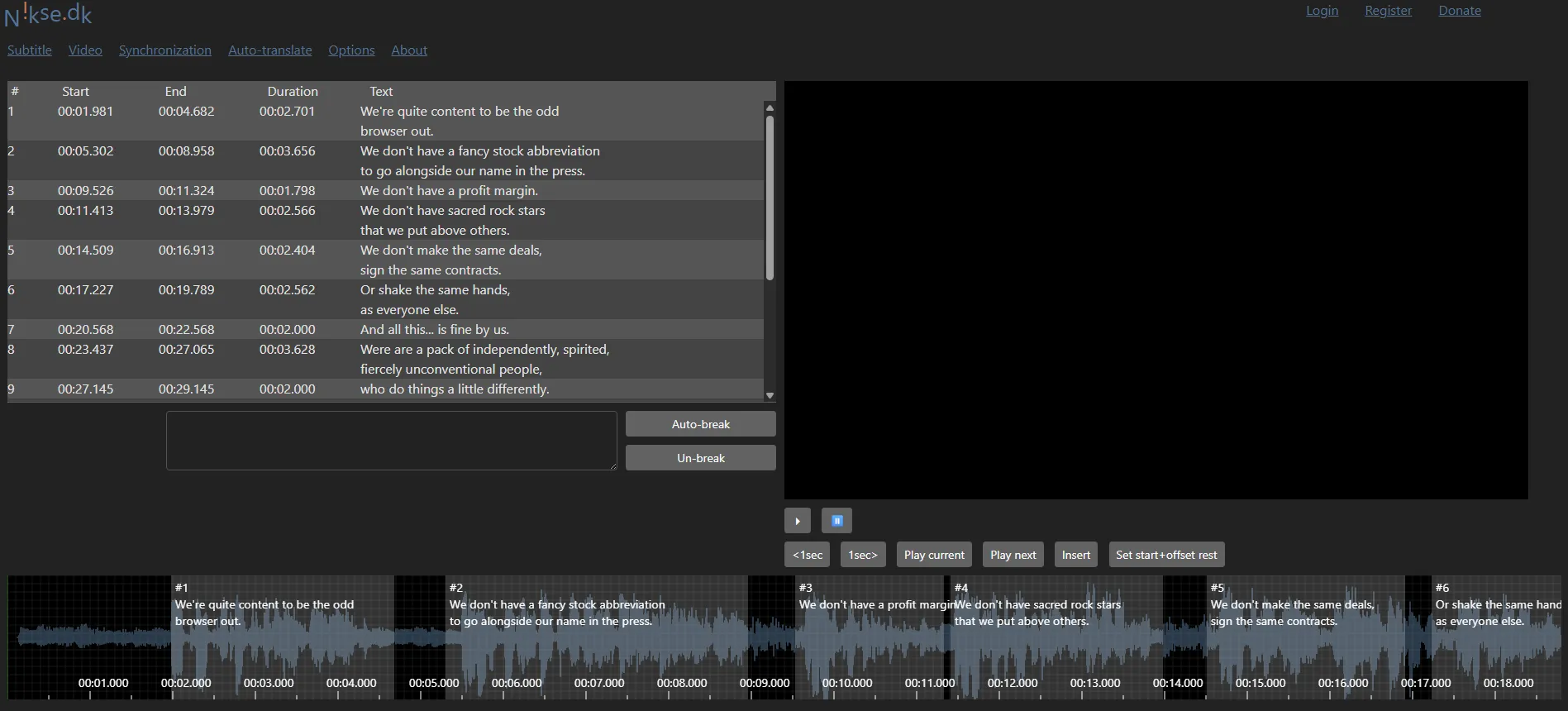 Interface en ligne de Subtitle Edit affichée dans un navigateur, avec options d’édition de sous-titres