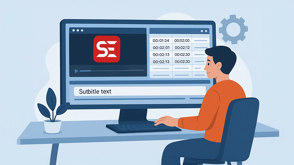 Illustration d’un utilisateur modifiant des sous-titres avec Subtitle Edit sur ordinateur