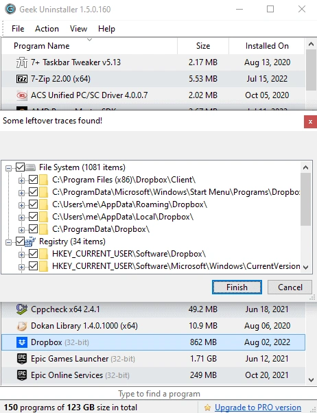 Nettoyage des entrées du registre après désinstallation avec Geek Uninstaller sur Windows.