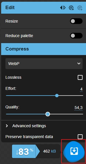 Bouton de téléchargement dans Squoosh pour enregistrer l'image compressée