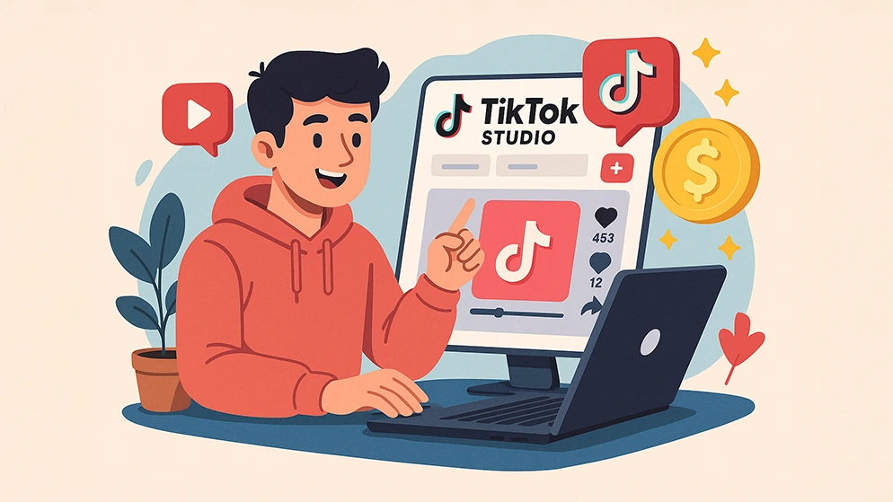 Créateur de contenu utilise TikTok Studio sur ordinateur pour gérer et publier leurs vidéos.