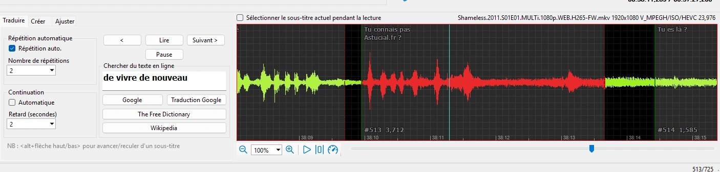 Interface de Subtitle Edit montrant la synchronisation du timing des sous-titres avec la piste audio