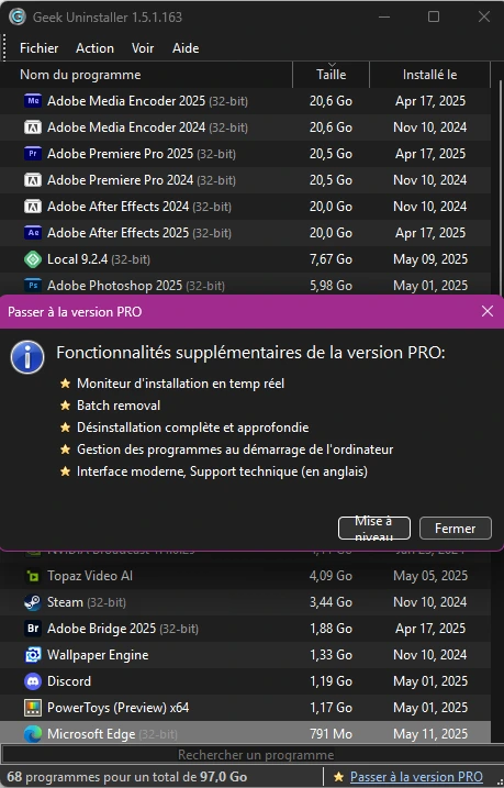Interface de la version Pro de Geek Uninstaller avec options avancées de désinstallation.