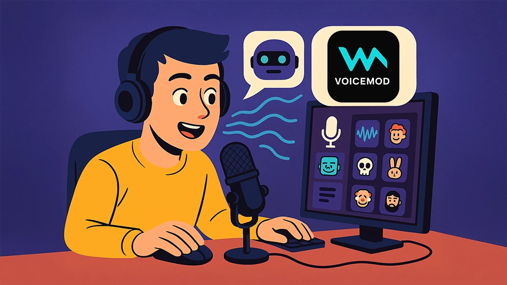 Personne utilisant Voicemod sur un ordinateur avec casque et micro