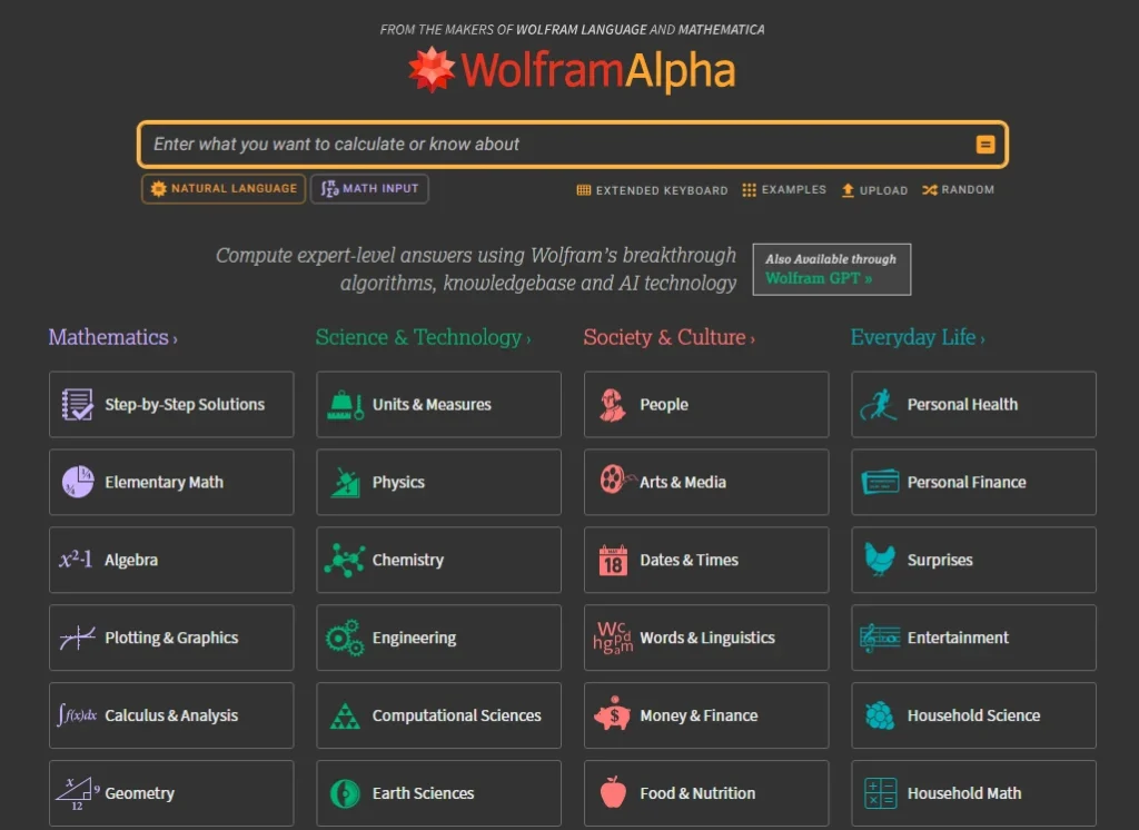 Page d’accueil de WolframAlpha affichant des calculs et données scientifiques