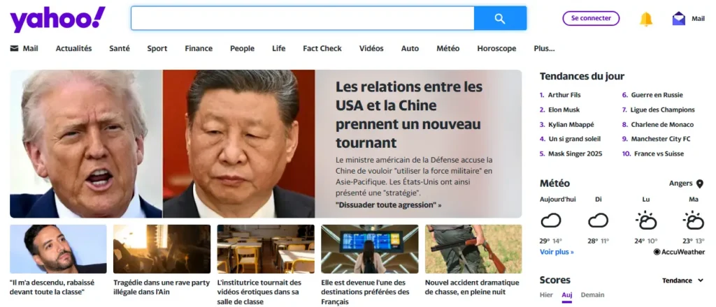 Page d’accueil du moteur de recherche Yahoo avec ses contenus d’actualités