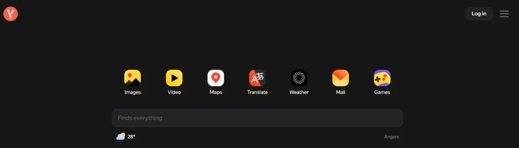 Page d’accueil du moteur de recherche Yandex avec interface sombre et icônes de services