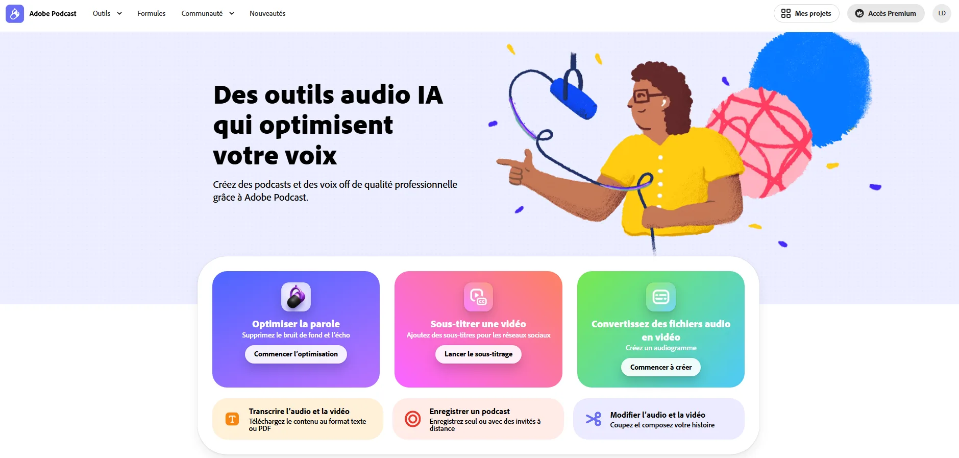 Interface de l'outil Adobe Podcast montrant les options d'enregistrement, d'optimisation et de vérification audio.