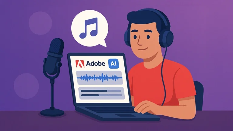 Illustration d’un créateur de podcast utilisant Adobe Podcast sur son ordinateur.