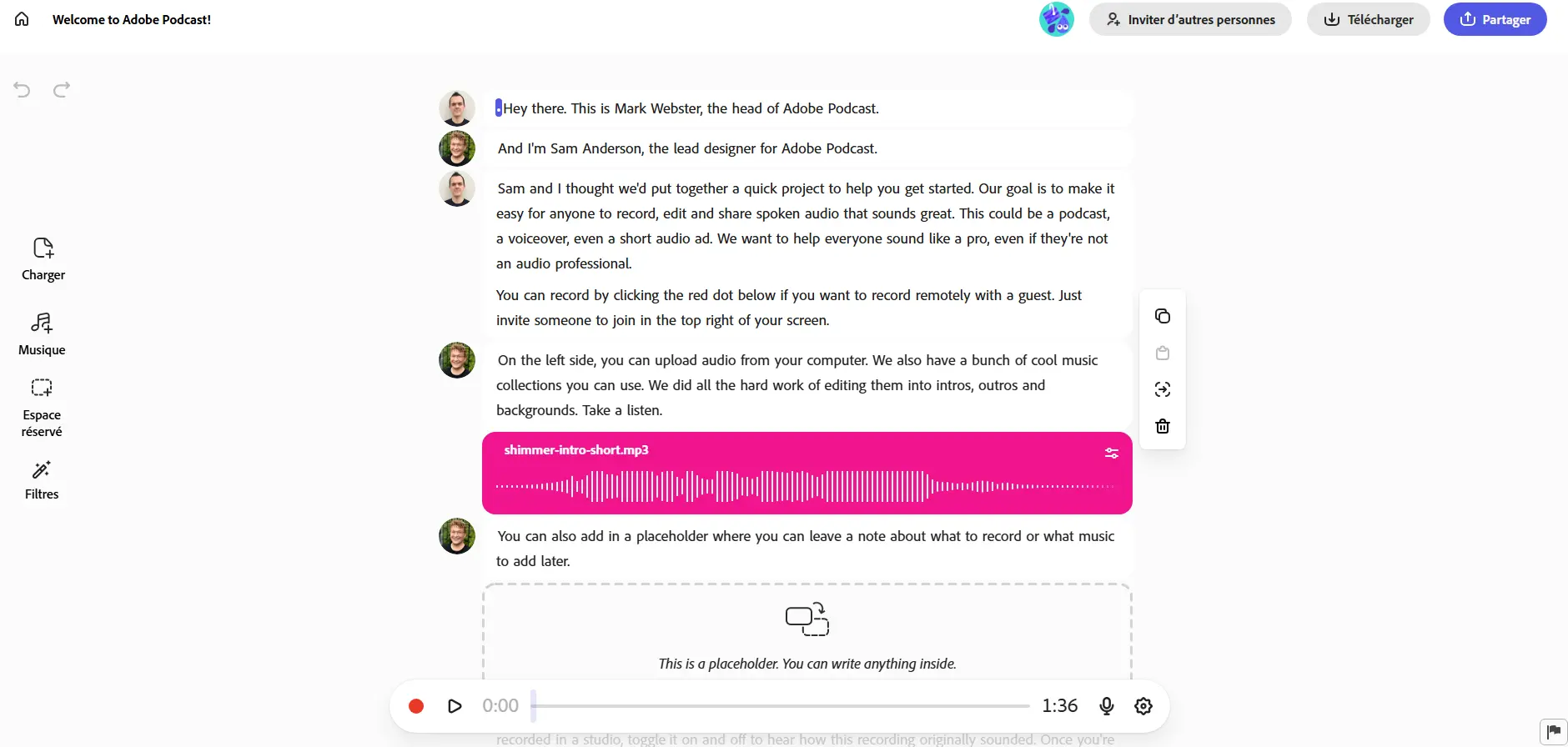 Interface du Studio Adobe Podcast permettant d’enregistrer, modifier et optimiser un podcast directement dans le navigateur.