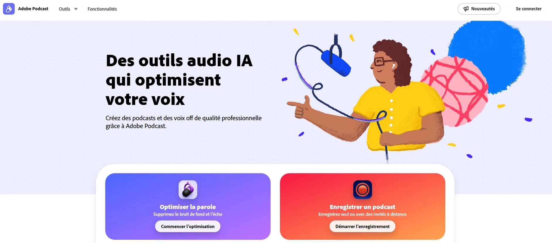 Interface de l'outil Adobe Podcast montrant les options d'enregistrement, d'optimisation et de vérification audio.